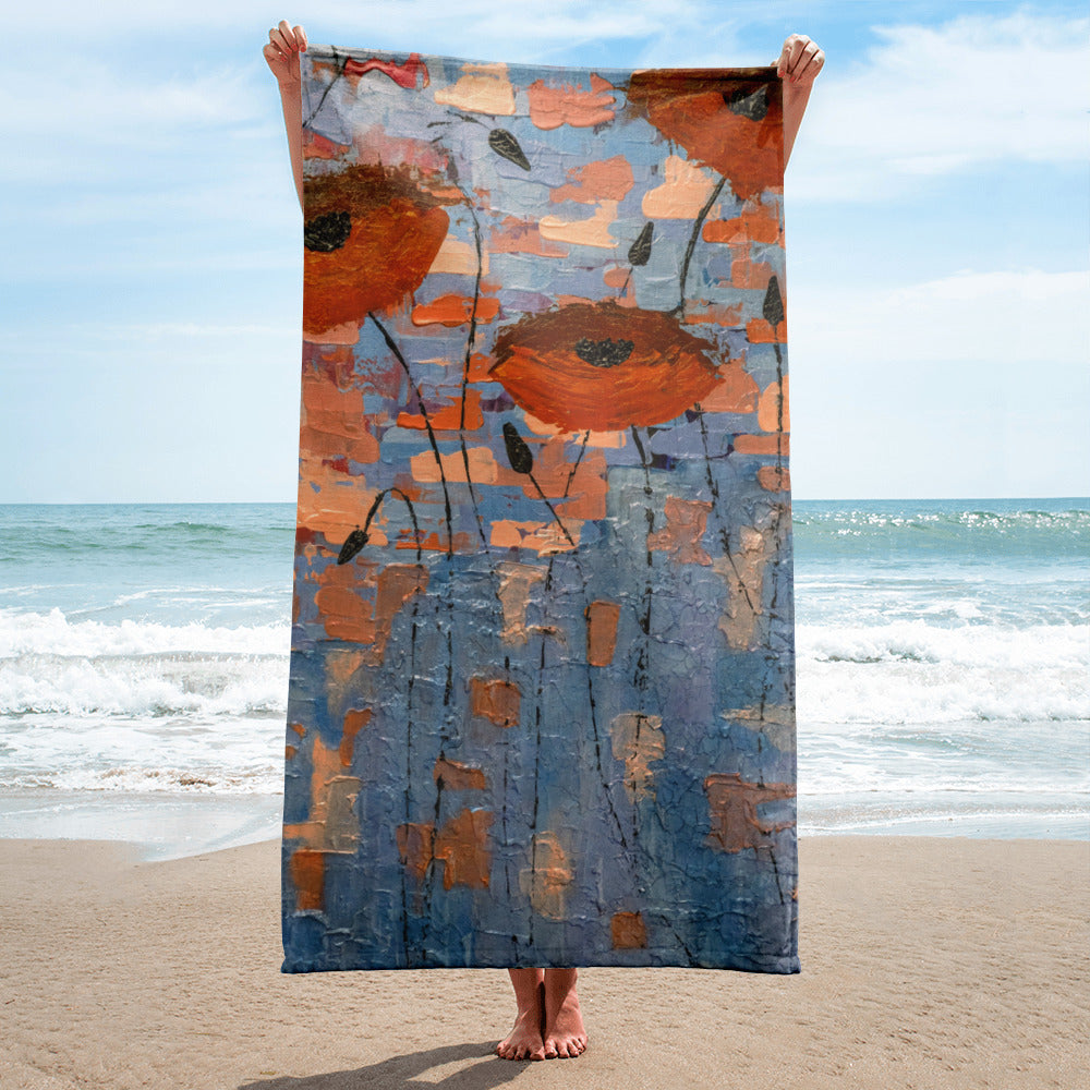 Retro Poppies In The City Beach Towel